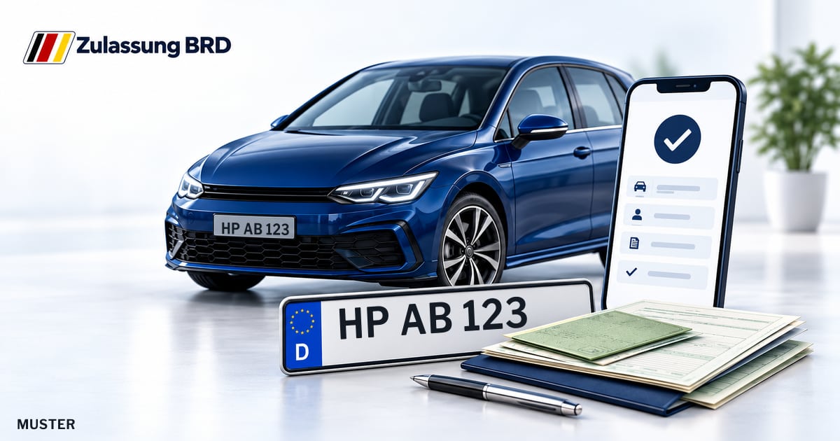 Online Fahrzeugzulassung in Lindenfels: Musterkennzeichen HP AB 123, Auto und Fahrzeugpapiere und Smartphone. Illustration mit Logo von Zulassung BRD.